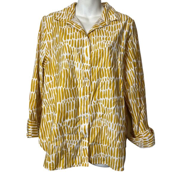 Chicos Womens Button Down Long Sleeve Mustard French Cuff Shirt Top Stretch 2 12 - Picture 1 of 16